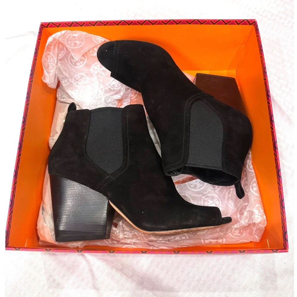 Tory Burch Black Suede Peep Toe Booties Women 8.5 Block Heel Chelsea Ankle Boots